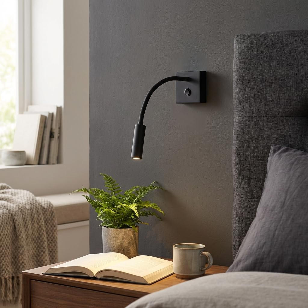 BARCELONA LED Wandlampe LED Schwarz für Lesen "Hale" 3W, Warmweiß 2800K, Flexibler Verstellbarer Arm, Moderner Minimalistischer und Klassischer Stil, Lesekomfort, Schlafzimmer, Treppen, Restaurant