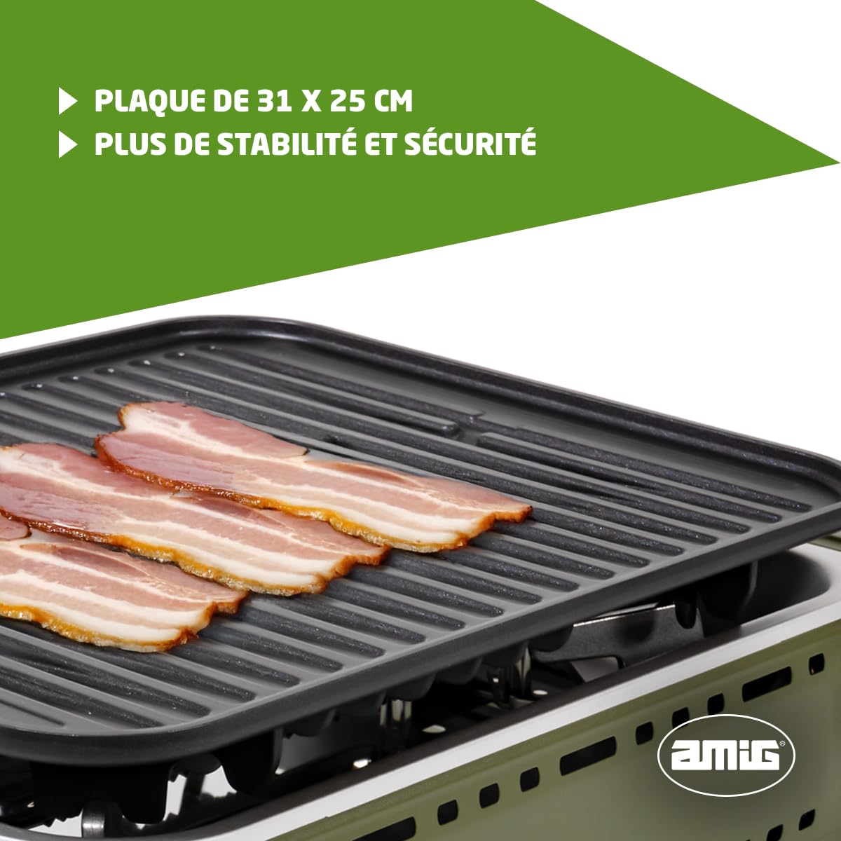 Amig - Réchaud a Gaz BBQ01K, Cuisine Portable, Kit Réchaud Grill - Grille en Fonte d'Aluminium et Plancha avec Couvercle de Cuisson, Plateau Ramasse-Graisse en Acier Inoxydable, 1,8 kW