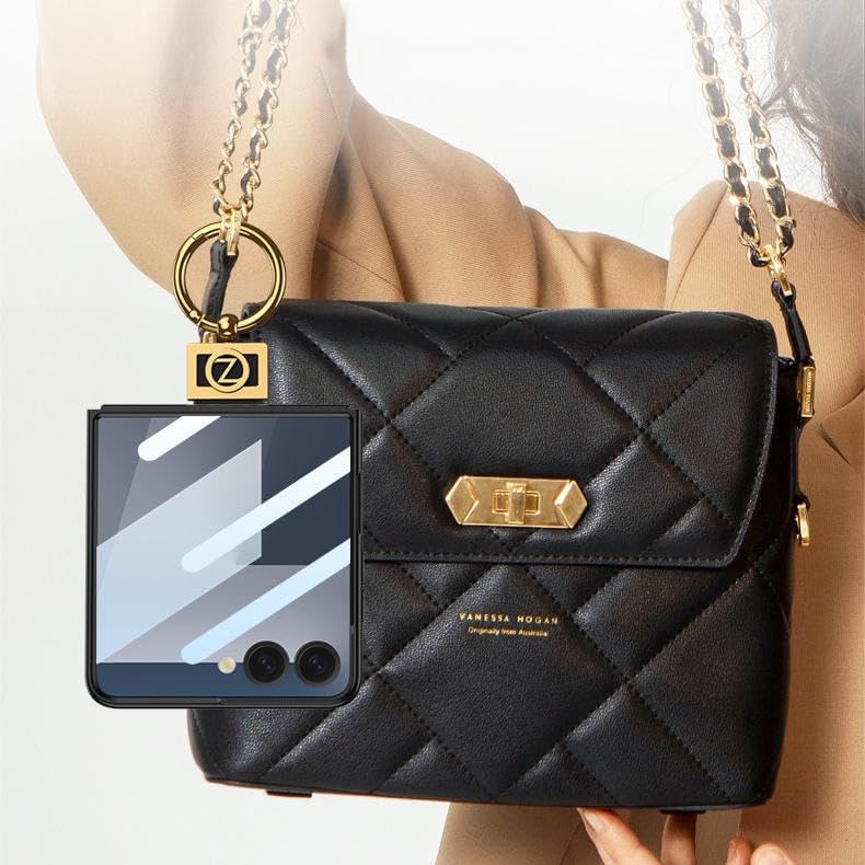 Ultra-Thin Fold Phone Case for Samsung Galaxy Z Flip7, Creative Plated Metal Z-Ring, Ring, Integrated Shell and Membrane, Protective Cover for Z Flip7 (Black,Leather)