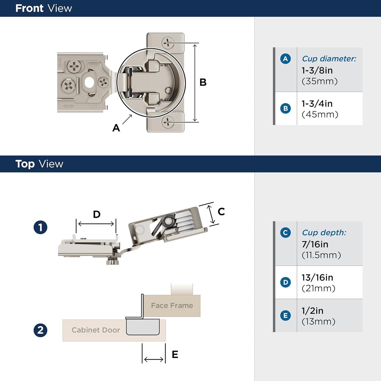 Amerock 2 Pack 1/2 inch Overlay Self-Closing Compact Concealed Hinge for Face Frame Cabinet 105-degree Opening Angle with 3-Way adjustability - Image 3