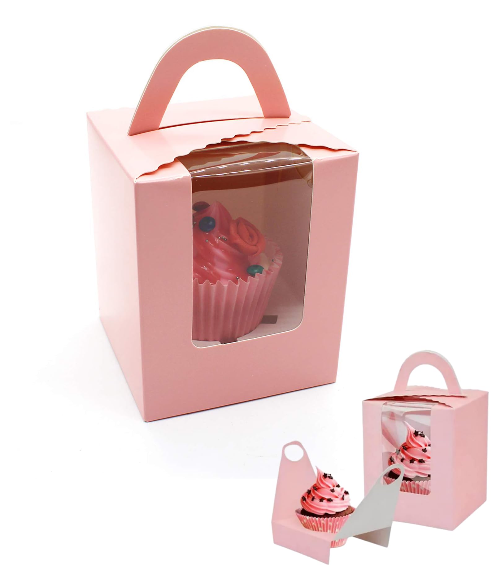 Duomama 20-Pack Pink Cupcake Boxes with Window, Inserts - Suitable for Bakery Wrapping, Party Favors - Ideal for Events, and Transport