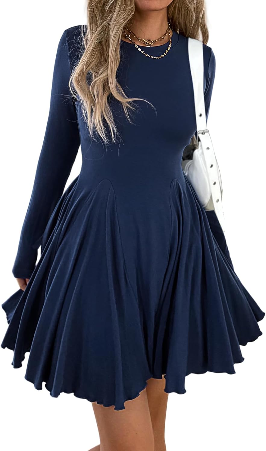 Mieazom Women’s Long Sleeve Casual Swing Dress – A-Line Fit and Flare Skater Dress, Stretchy Mini Dress for Fall Winter