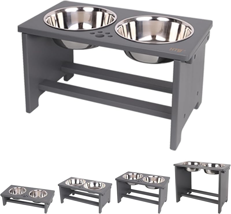 Comedouro elevado para cães HTB com suporte de bambu e 2 tigelas de aço inoxidável, 10" (Large), Cinza