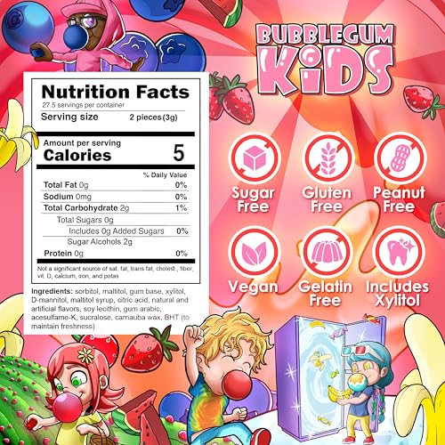 Image of Bubblegum Kids Daisy's Strawberry Field Sugar Free Gum | Strawberry Flavor Sugarless Gum with Xylitol | Low Calorie Candy Alternative for Kids & Adults | Resealable Bag, 55 Pieces Per Pack, 6 Pack