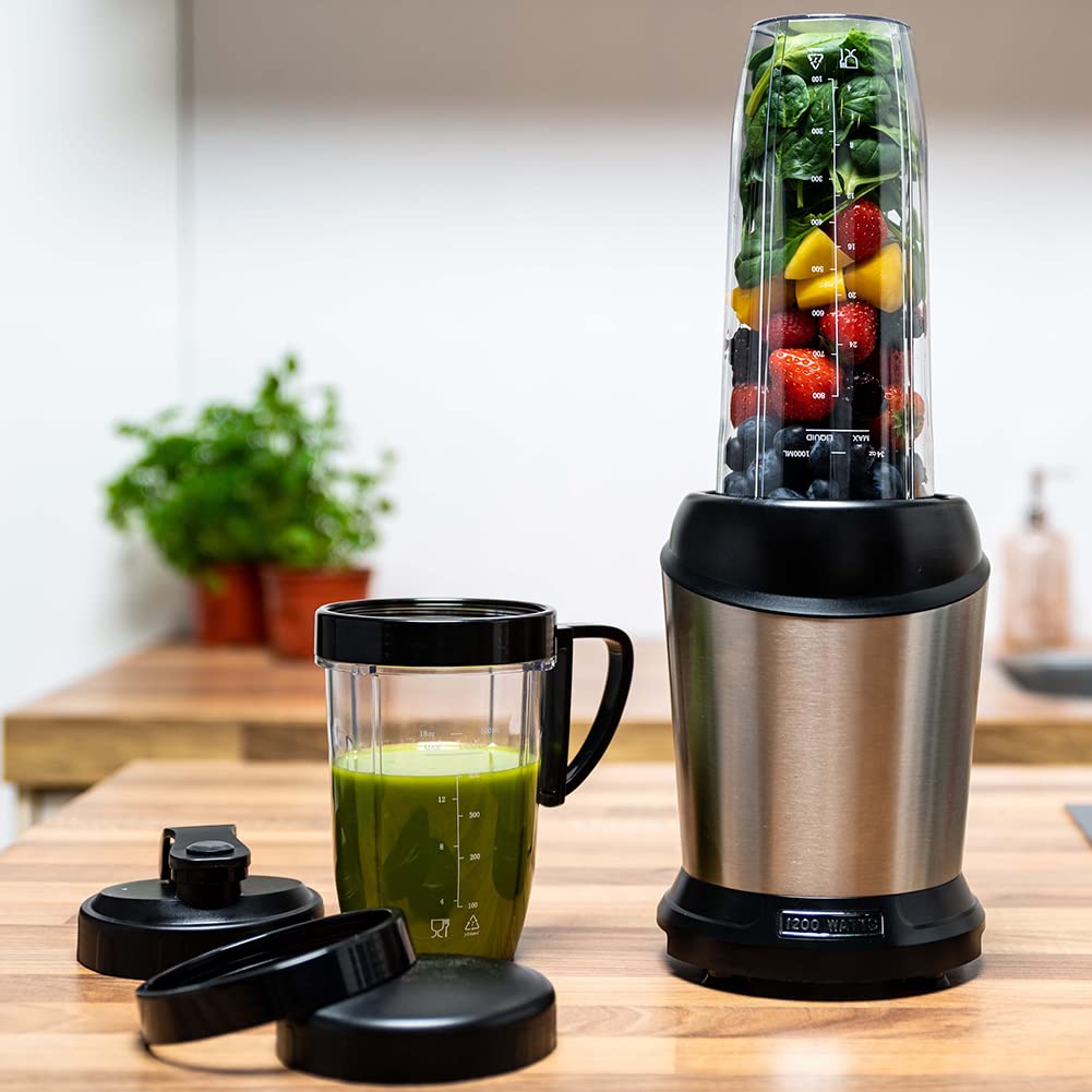 BAKAJI Frullatore in Acciaio Inossidabile Smoothie Blender con Caraffa da Asporto da 1 Litro, 1200W Potenza, Ideale per Pappe, Frullati, Salse, 220-240 V, 1 Velocità, Dimensioni ‎14.5 x 14.5 x 40.5 cm