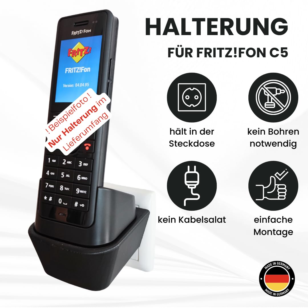 Halterung passend für Fritz!Fon C5 AVM | Steckdosenhalterung ohne Bohren | DECT Telefon Halterung & Zubehör | Platzsparender Telefonhalter mit Kabelmanagement | Zubehör Fritz!Fon C5 | Schwarz