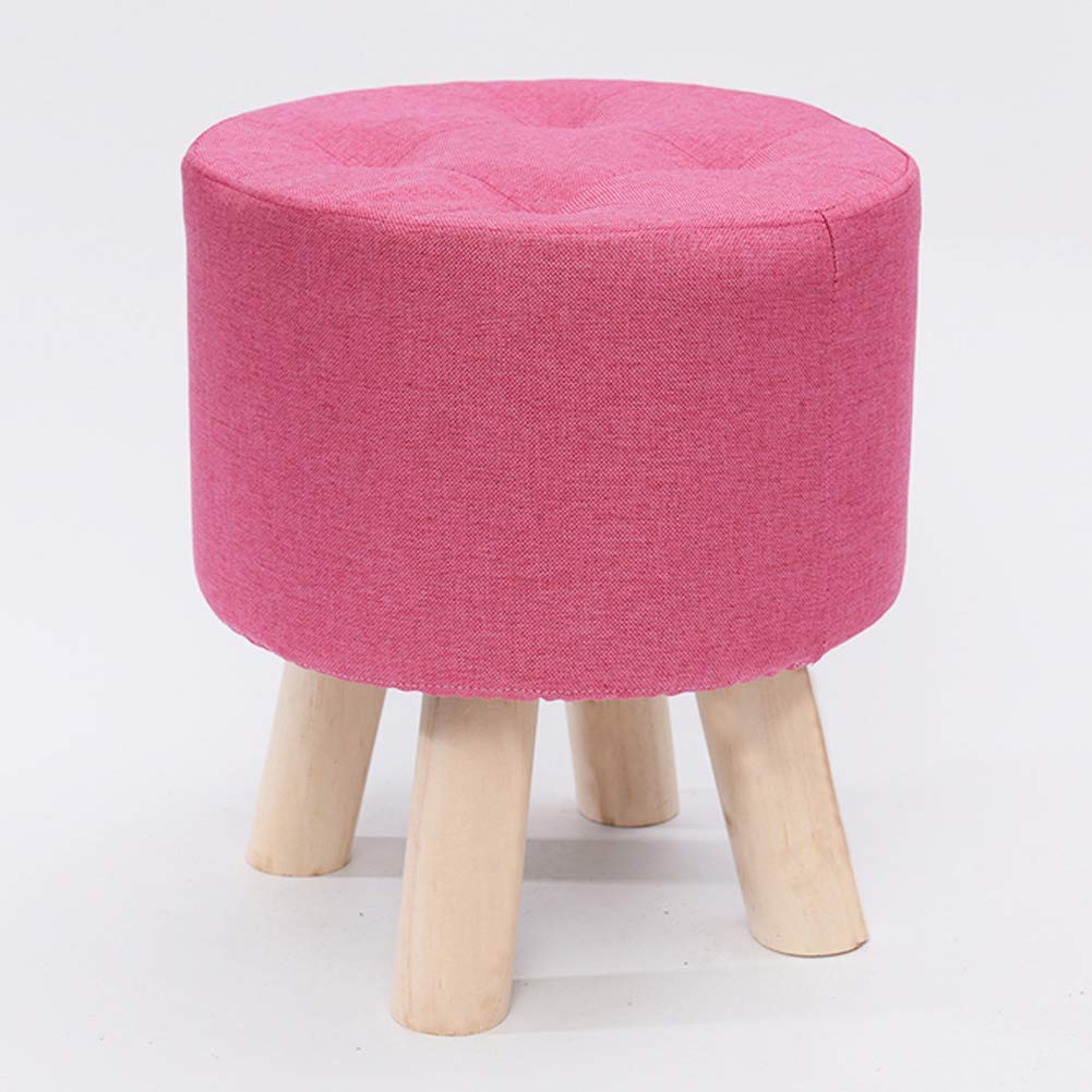 HMTE Pouf in Legno, Sgabello Imbottito Rotondo con poggiapiedi in Lino con 4 Gambe in Legno, Piccolo Sgabello Sedia per Soggiorno Camera da Letto Giardino Nero 31x31x35 cm (Rosa 31x31x28 cm)