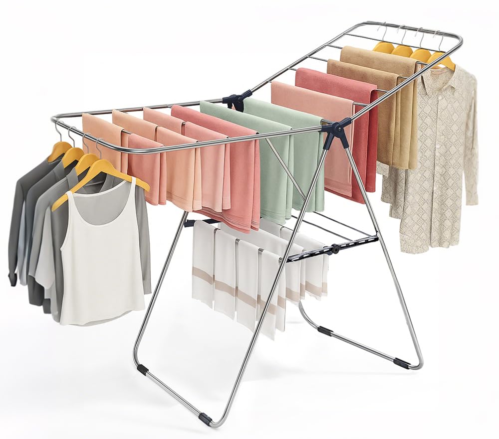Toworld Clothes Drying Rack, Stainless Steel Gullwing Space-Saving Laundry Rack, Foldable for Easy Storage, for Bed Linen, Clothing, Socks, Scarves, Black