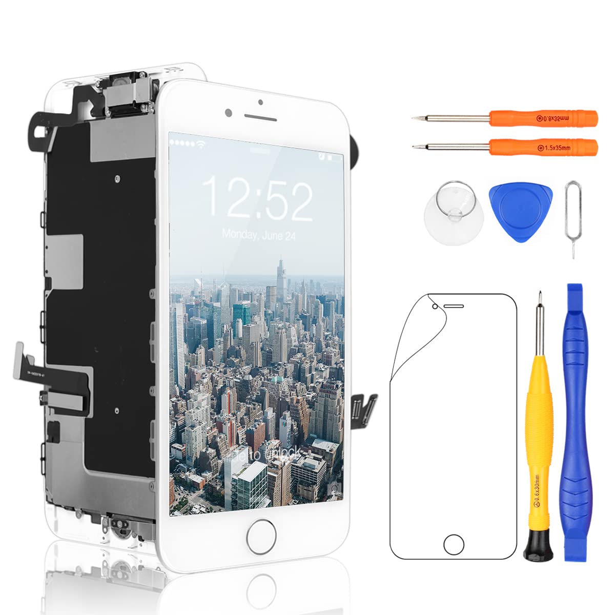 Yodoit Screen Replacement for iPhone 8 Plus with Home Button, Front Camera, Ear Speaker, White LCD Display Digitizer Glass Assembly with Repair Tool Kit, Screen Protector