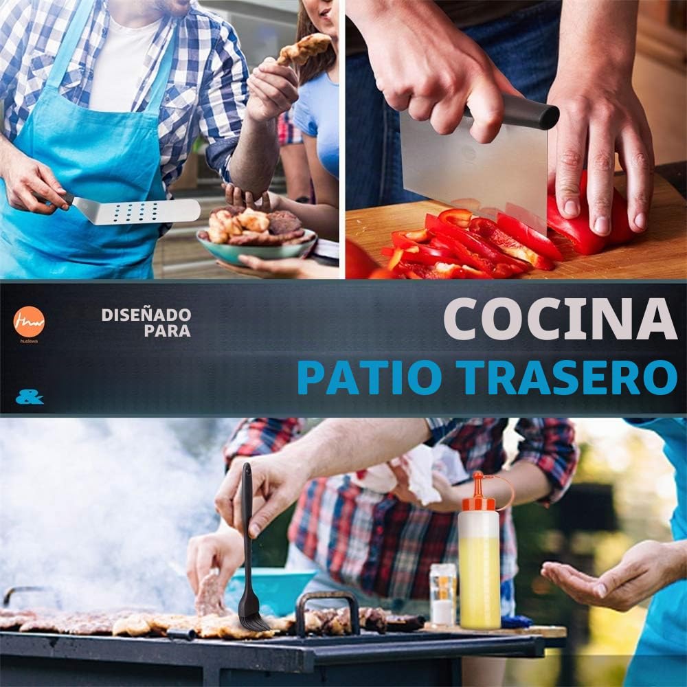 Huolewa 9 Piezas Conjunto de Espátula para Barbacoa, Juego de Barbacoa de Espatula Plancha de Acero Inoxidable, Herramientas de Espátula para Grill, con Cepillo, Botella y Bolsa de Almacenamiento