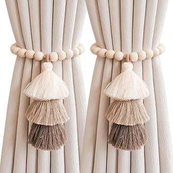 Handmade Magnetic Wooden Bead Curtain Tiebacks 2 PCS | Simple Elegant Magnetic Tassel Curtain Tie Backs | Accessories Wall Decoration | Drapery Tiebacks for Bedroom Window Treatment