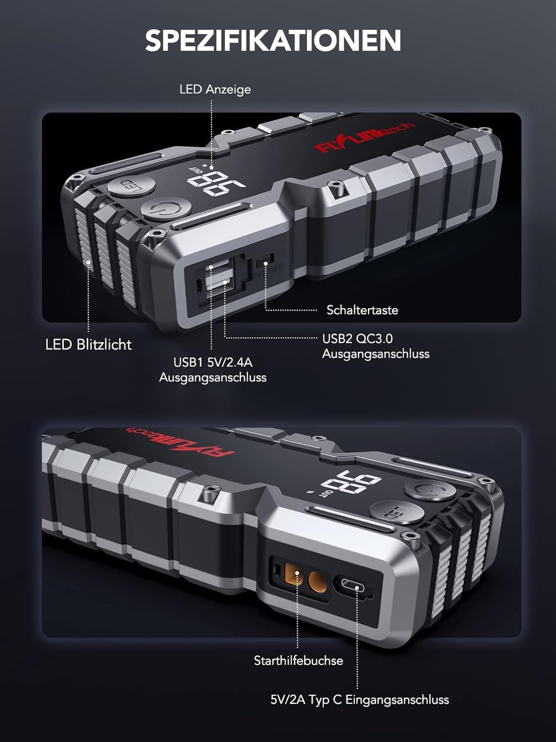 FLYLINKTECH 7000A Auto Starthilfe Powerbank für Pkw für 12V Fahrzeuge | 18000mAh/66.6Wh Starter Powerbank, USB-Schnellladung, 3-Modi LED-Licht, LCD-Display, IP67 Wasserdicht