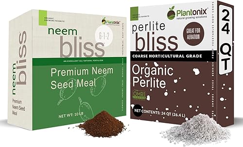 Neem Bliss (10 libras) + Perlite Bliss (24 cuartos de galón) – Fertilizante de comida de neem con certificación OMRI y perlita orgánica para plantas