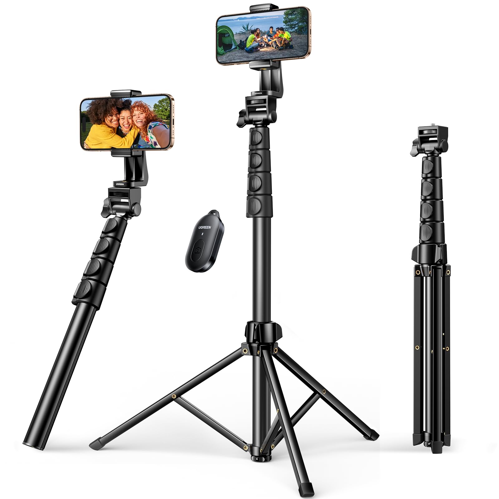 UGREEN 170 cm Phone Tripod Selfie Stick with Bluetooth Remote Control Phone Stand for Photography All in 1 100% Aluminum Metal, Foldable, Lightweight, Tripod for All Smartphone, GO Pro, Digital Camera