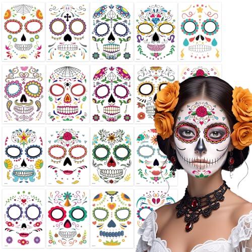 18 Pack Day of the Dead Face Tattoos Sugar Skull Catrina Makeup Kit Halloween Mask Temporary Tattoo Stickers Skeleton Paint Dia de los Muertos Decorations Accessories Favors & Costumes