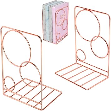 Buqoo Metal Book Ends,Beautiful,Not Rusty,5.3 Inches   3.9 Inches   7.6 Inches.The Metal Bookends is A Good Choice for Organizing Your Desk Rose Gold Circle