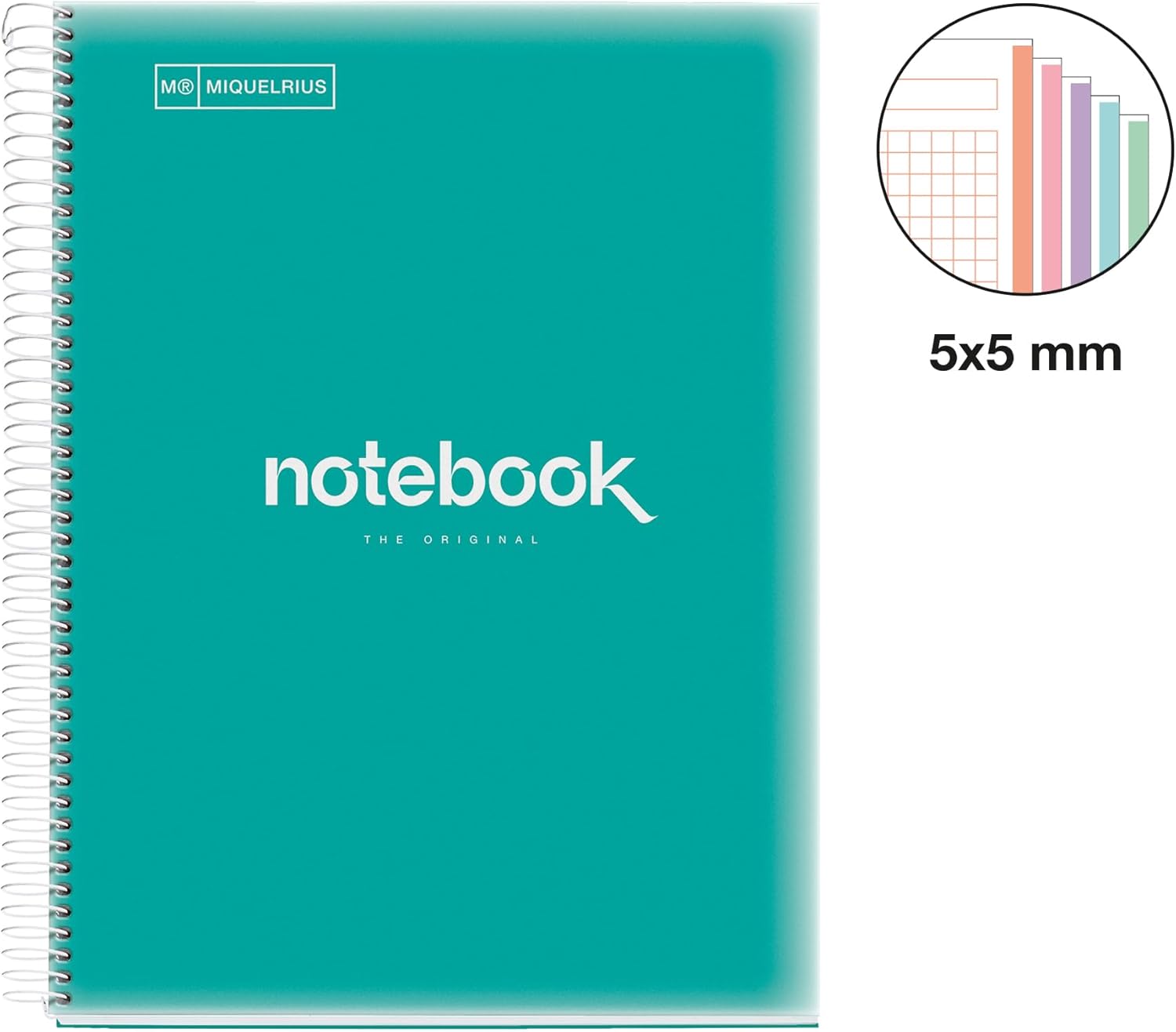 Miquelrius - Micro-Perforated Spiral Notebook, Translucent Polypropylene Cover, A4 Size 210 x 297 mm, 4 Drills, 120 Sheets of 90 g/m² and 5 Stripes of Colour, 5.4 Grid 7 x 0.0 197 Inch, Turquoise