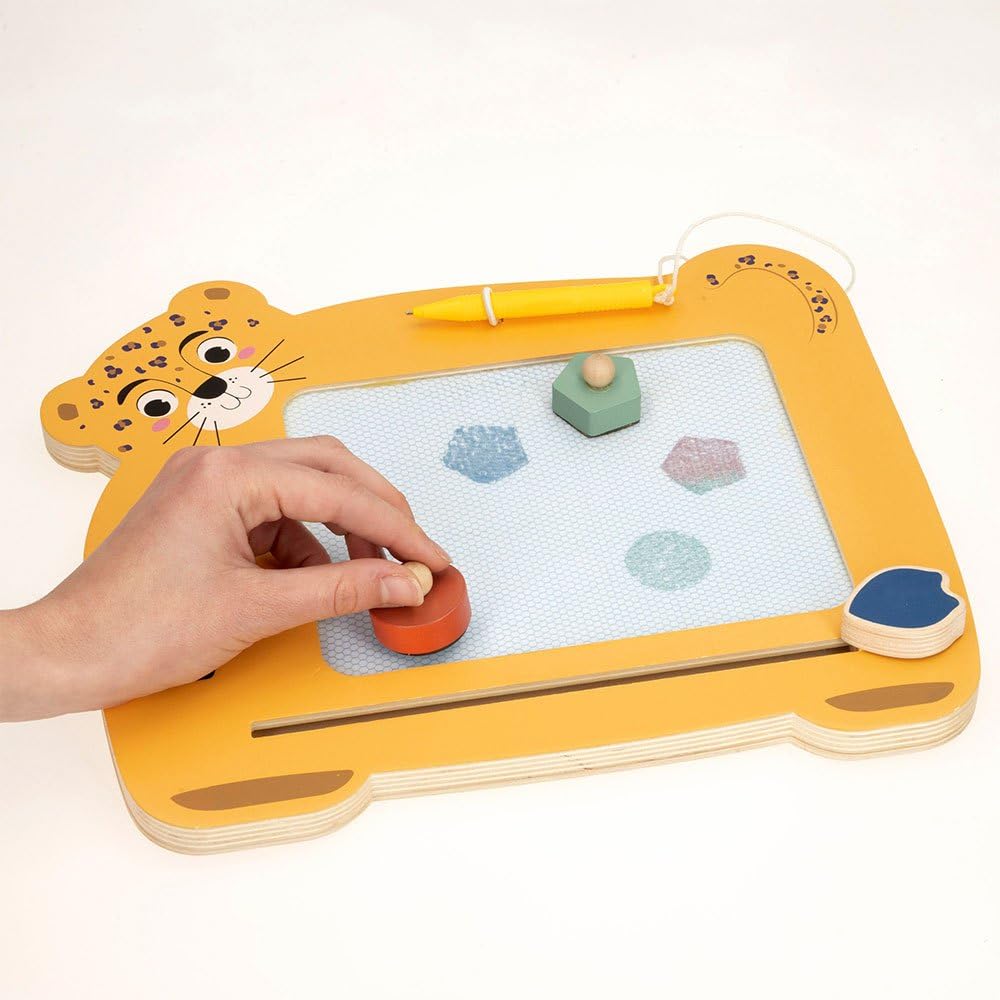 WOOMAX Tableau magnétique en Bois, Peint en 4 Couleurs différentes, avec 2 tampons, Gomme et Stylo, Motif léopard, Jouets pour Enfants de 3 Ans, Jeux éducatifs, Tableaux Noirs pour Enfants, FSC