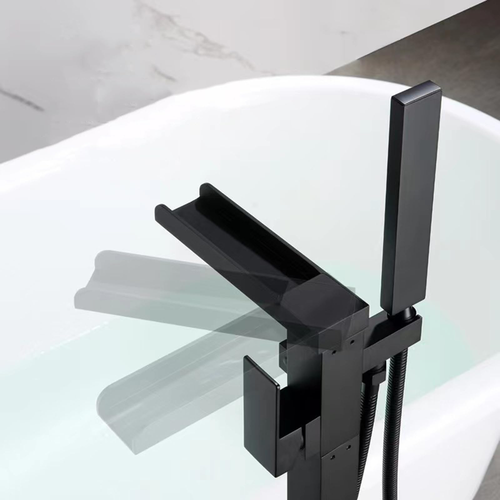 Rubinetto Vasca da Bagno Freestanding a Cascata Rubinetto Bagno Cascata con Doccia Portatile Per Vasca,nero