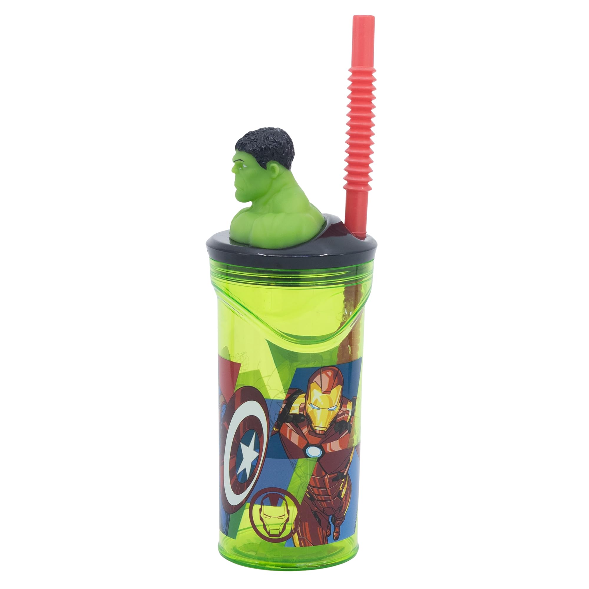 STOR Bicchiere Bambini con Cannuccia e Coperchio Avengers, Figura 3D, 360 ml, Plastica Riutilizzabile, Senza BPA, Ideale per Bambini e Bambine