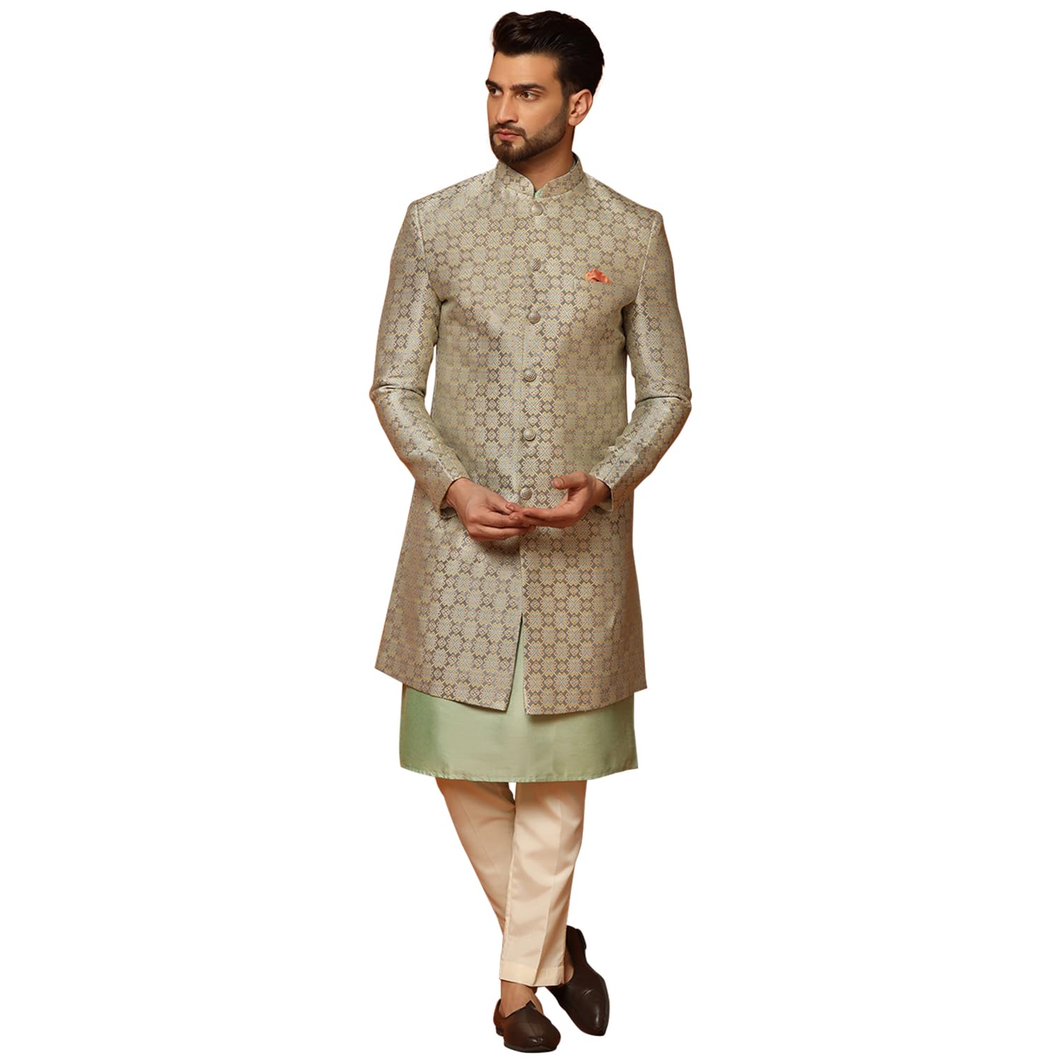 kisah Men's Grey Indo-Western Kurta Sherwani Trousers Set Cotton Full Sleaves, Knee Length, Straight, Regular Fit, Mandarin Collar Ethnic Wear-picture-28