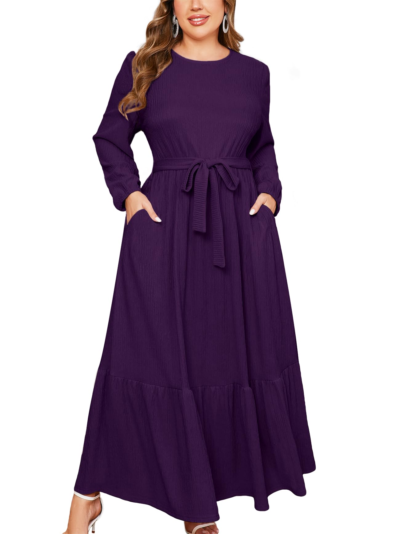 ZOMVA Plus Size Maxi Dress A Line Crew Neck Long Sleeve Elegant Casual Flowy Tiered Dresses with Pockets and Belt