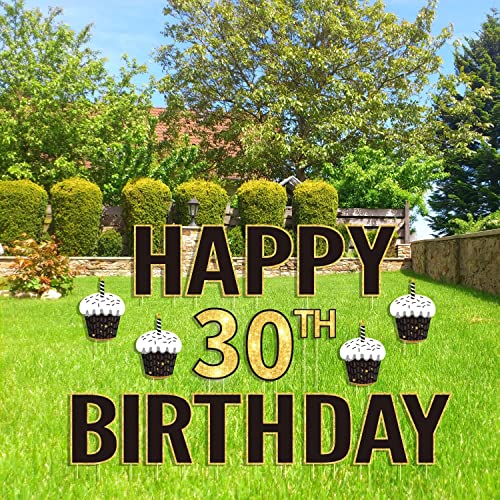 20Pcs 15" Happy 30Th Birthday Party Yard Signs With 40 Stakes,Black Gold Letters And Cupcake,Weatherproof Outdoor Lawn Decorations (Medium Size 30Th) #TOP4