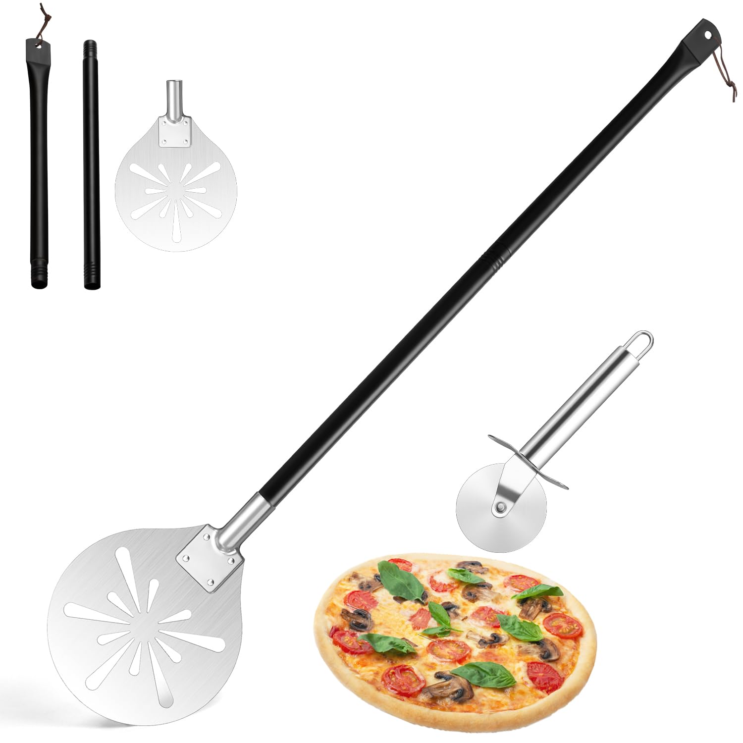 Leonyo Pizzaschieber mit klassischem Schneiderrad, 22,9 cm, aus Edelstahl, mit verstellbarem langem Griff, runder Spatel, Paddel für Köche, Bäcker, hausgemachte Ofen