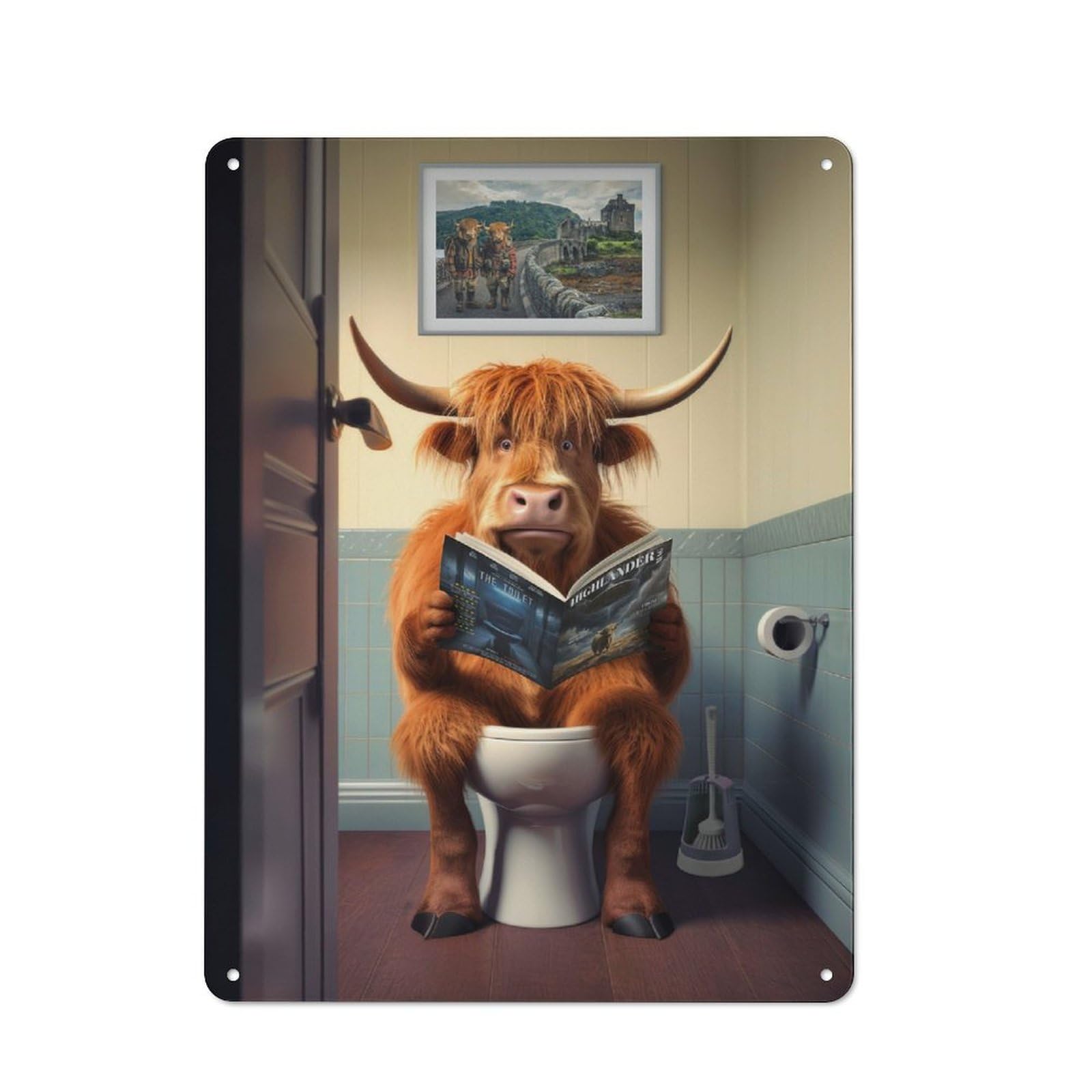 Highland Cow on The Toilet Cottage Style Metal Wall Decor 40x30cm, Tin Wall Plaque for Kitchen, Cottage, Porch Or Garden Room