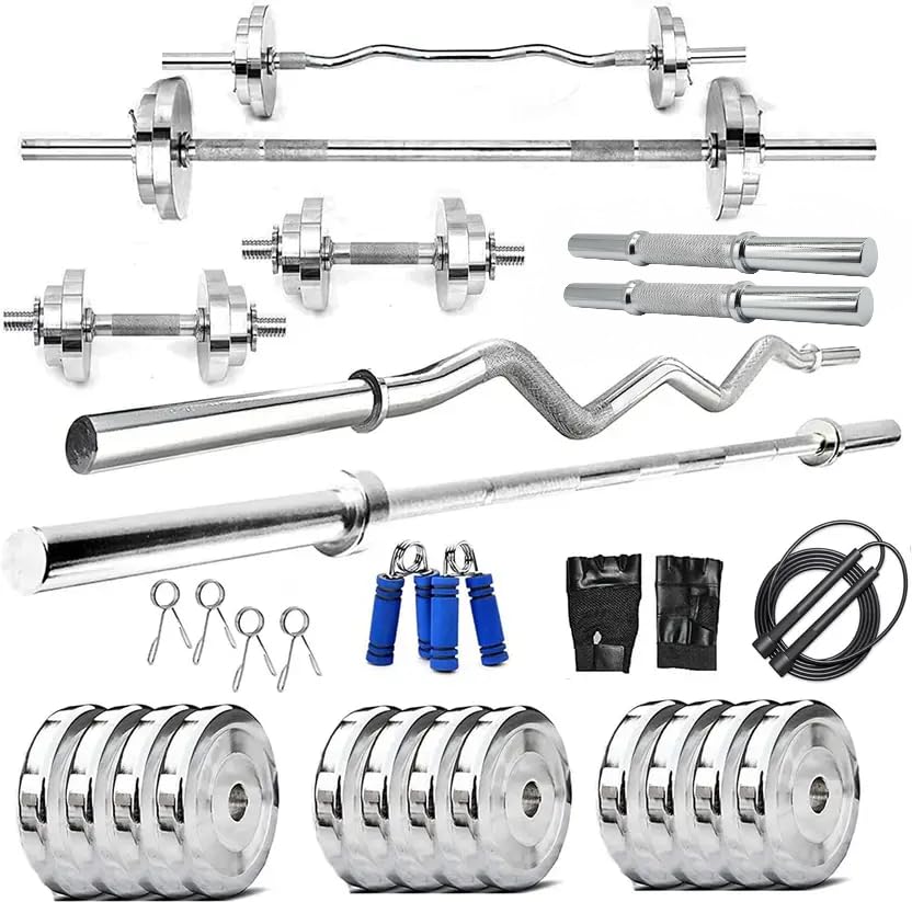 YMD 30 kg Steel Plates 2.5KGX4Pc 5KGX4Pc 4FT Curl & 7FT STRT 28mm Rods With Solid Rods Home Gym Combo ()-image-3