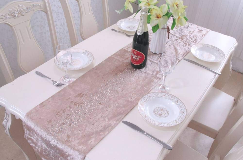 Runner Da Tavolino,Tovaglia Champagne Di Lusso Con Strass In Velluto Europeo Nappa Squisita Elegante Stuoia Decorativa Scintillante Per Sala Da Pranzo Per Feste Di Matrimonio, 12,6 × 106,3 Pollici