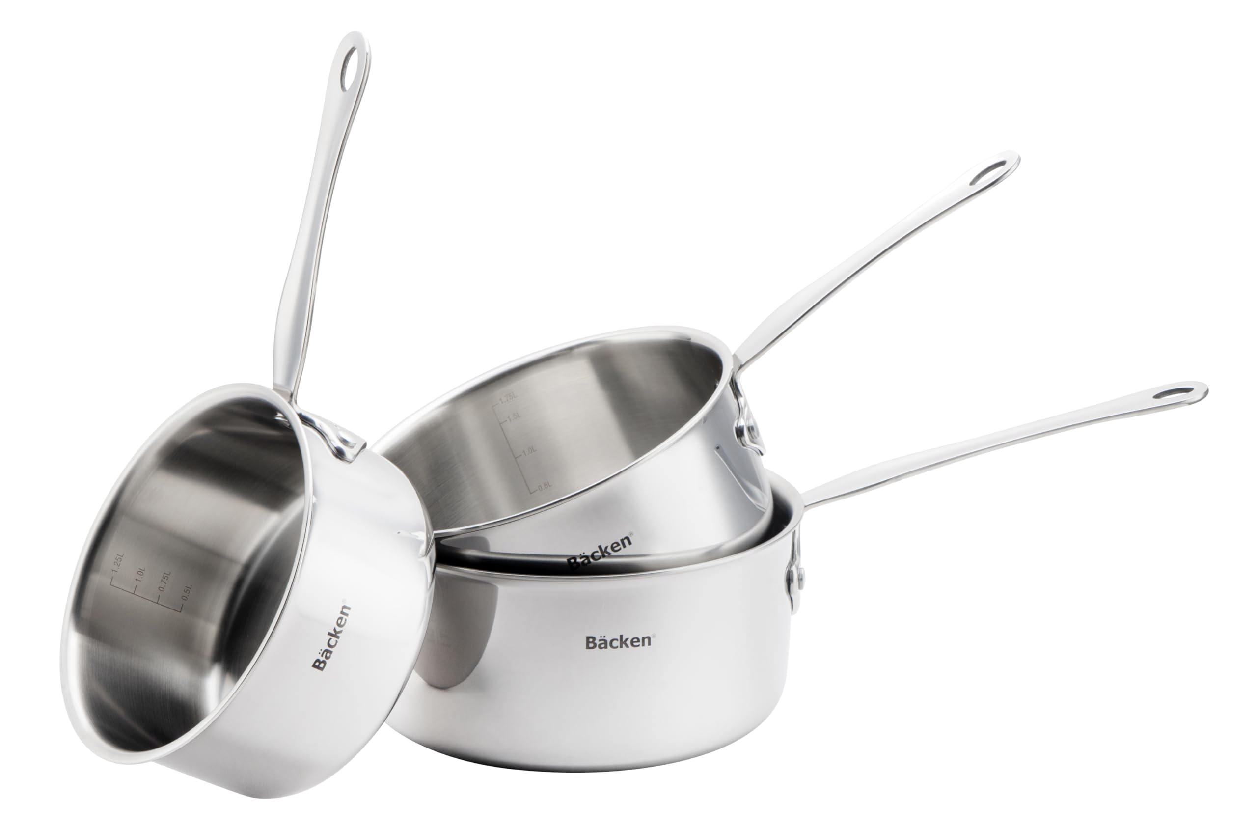 BACKEN 012250 – Set de 3 Casseroles 16/18/20 cm –Tri-ply triple couche Inox 18/10 Induction, Antiadhésif Naturel, sans PTFE, PFOA, PFAS, Haute Résistance