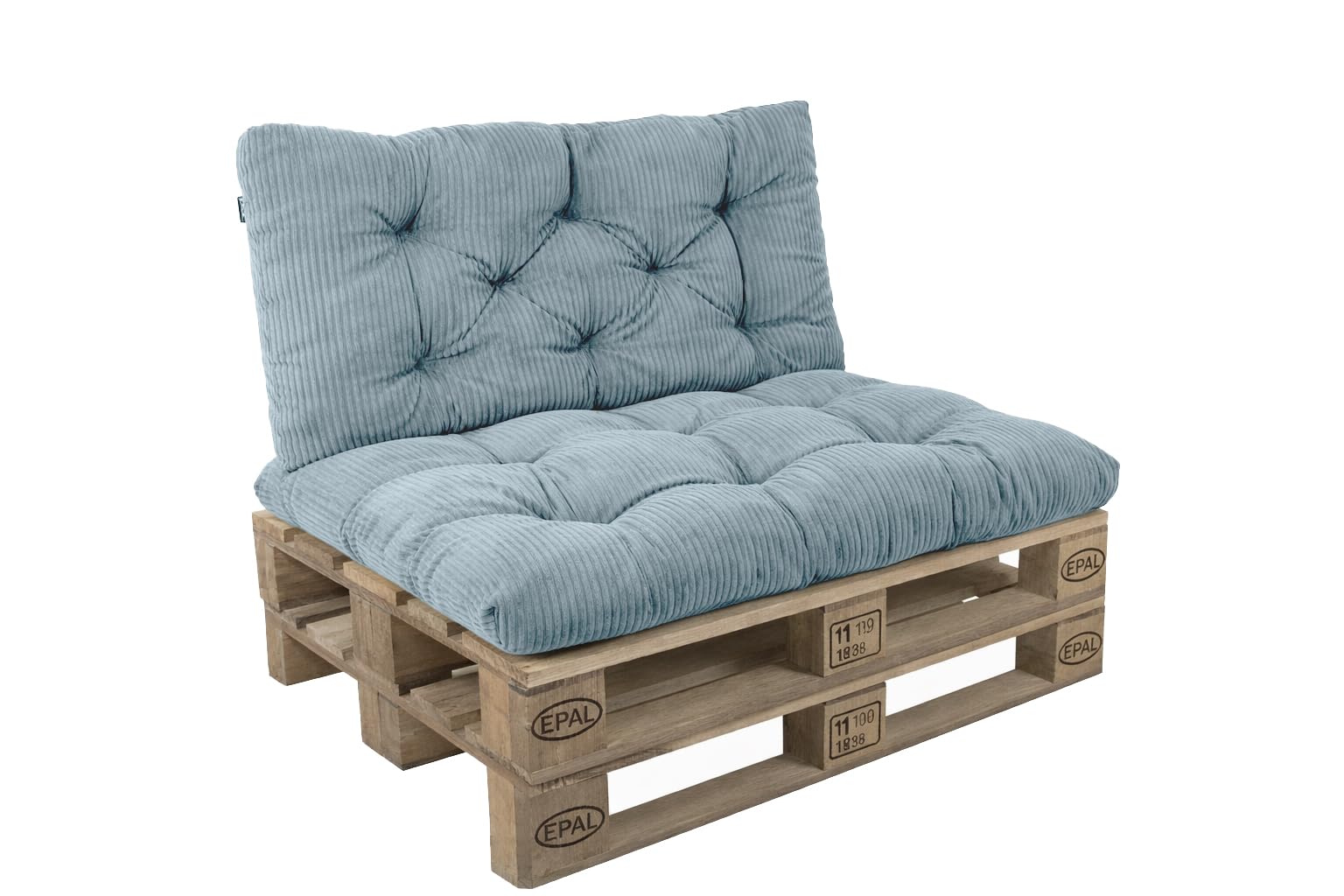 POKAR Set of 2 Pallet Cushions: Seat 120x60 cm + Backrest 120x60 cm in Corduroy | Tufted Cushions for Pallet Furniture and Garden Sofa | Outdoor and Indoor Use | Oeko-Tex | Made in EU | Blue