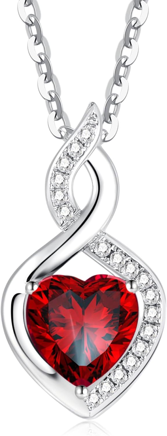 FANCIME 14K Solid White Gold Heart Birthstone Necklace with Diamond Pendent Birthday Gifts for Mom Women, Sterling Silver Chain 16" + 2" Extender