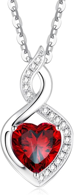 FANCIME 14K White Gold Heart Birthstone Necklace with Diamond Pendant, 16"+2" Silver Chain
