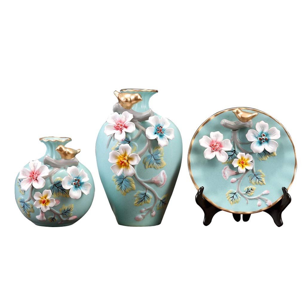 CZX Small Light Blue Ceramic Vase, 3D Pattern Rustic Home Decor, Distressed Blue, Modern Oval Pattern Decorative Vase, 9.4 Inch Height,Living Room Decor Set of 3