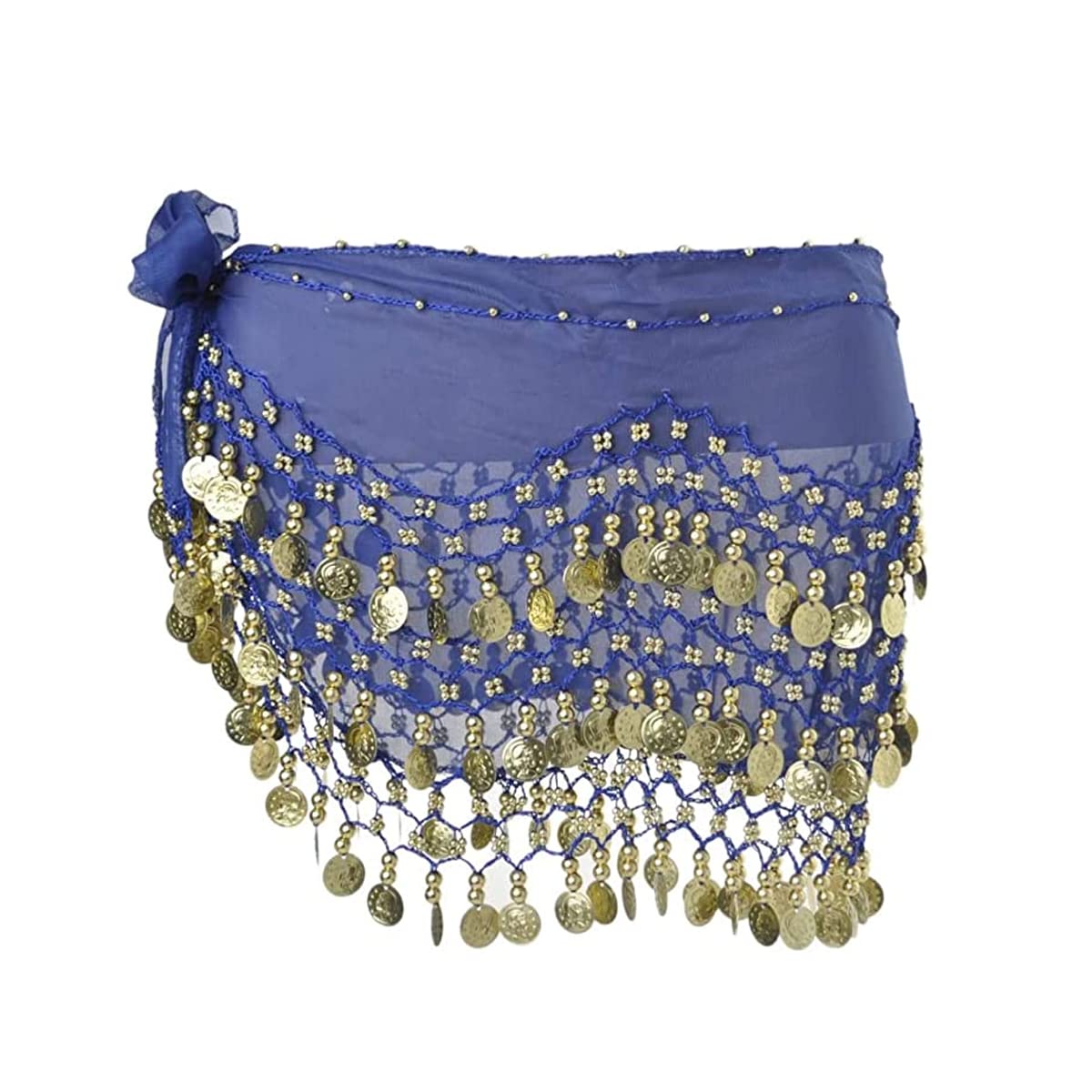 Samheng Women's Royan Blue Belly Dance Hip Scarf With 128 Dangling Gold Coins, Chiffon 3 Rows Belly Dance Skirt Wrap Belt, Belly Dance Costume Accessories For Girls