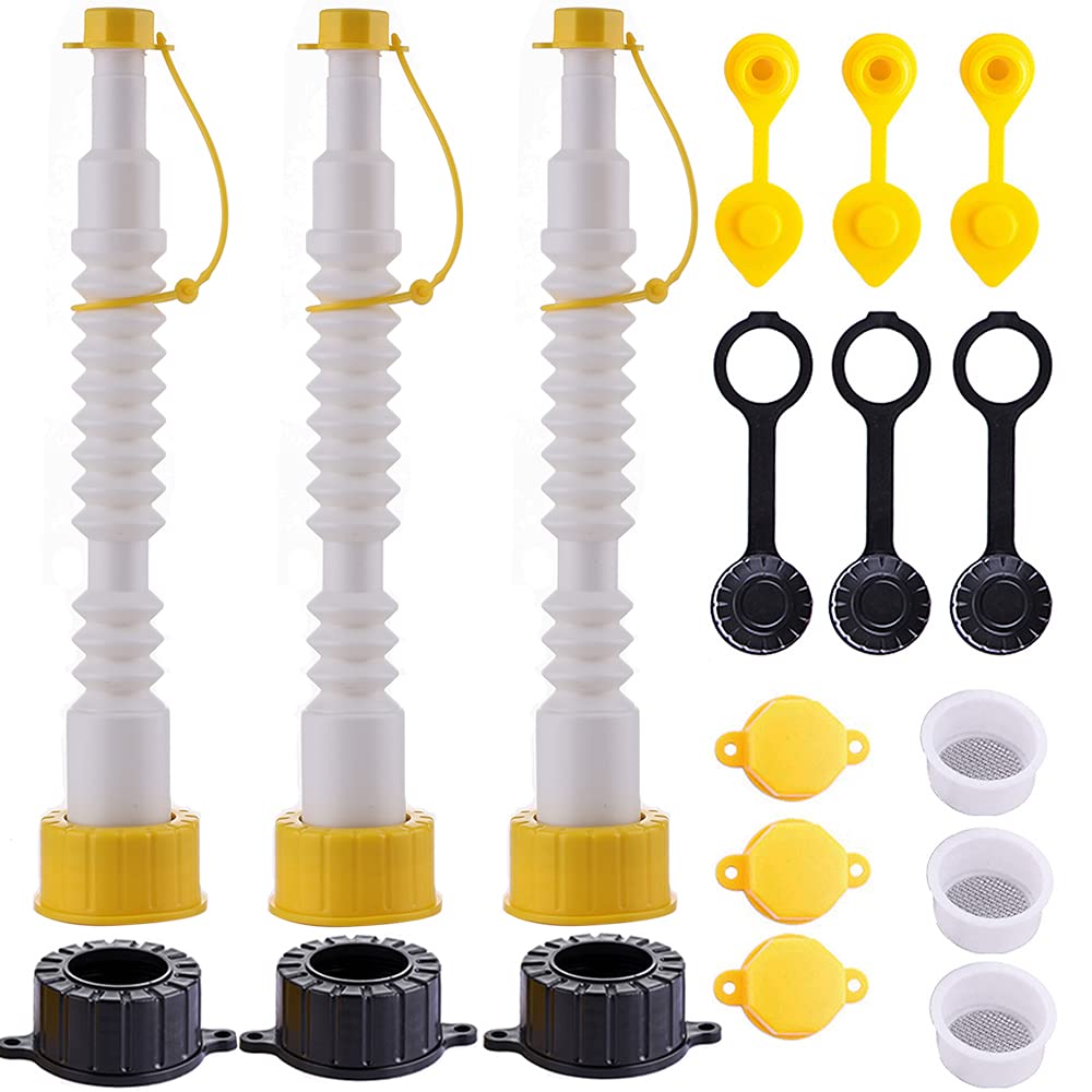 Fuel Tank Spout Replacement Super Long Nozzle Bendable with Filter Screen Vent Cap 2 Base Cap(Fine and Coarse) Compatible for Older Midwest Scepter Rubbermaid Essence Blitz Gott Most 1 2 5 Gallon Can