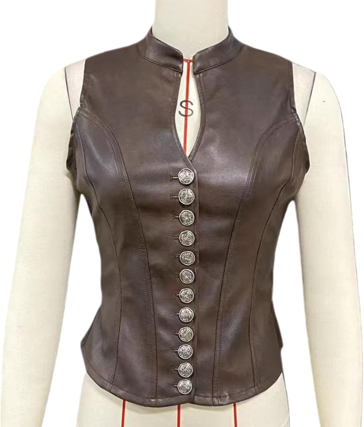 Women Faux Leather Vest V Neck Black Eco Leather Waist Cinched Waistcoat Cropped Sleeveless Button Casual Fashion Dressy Vest