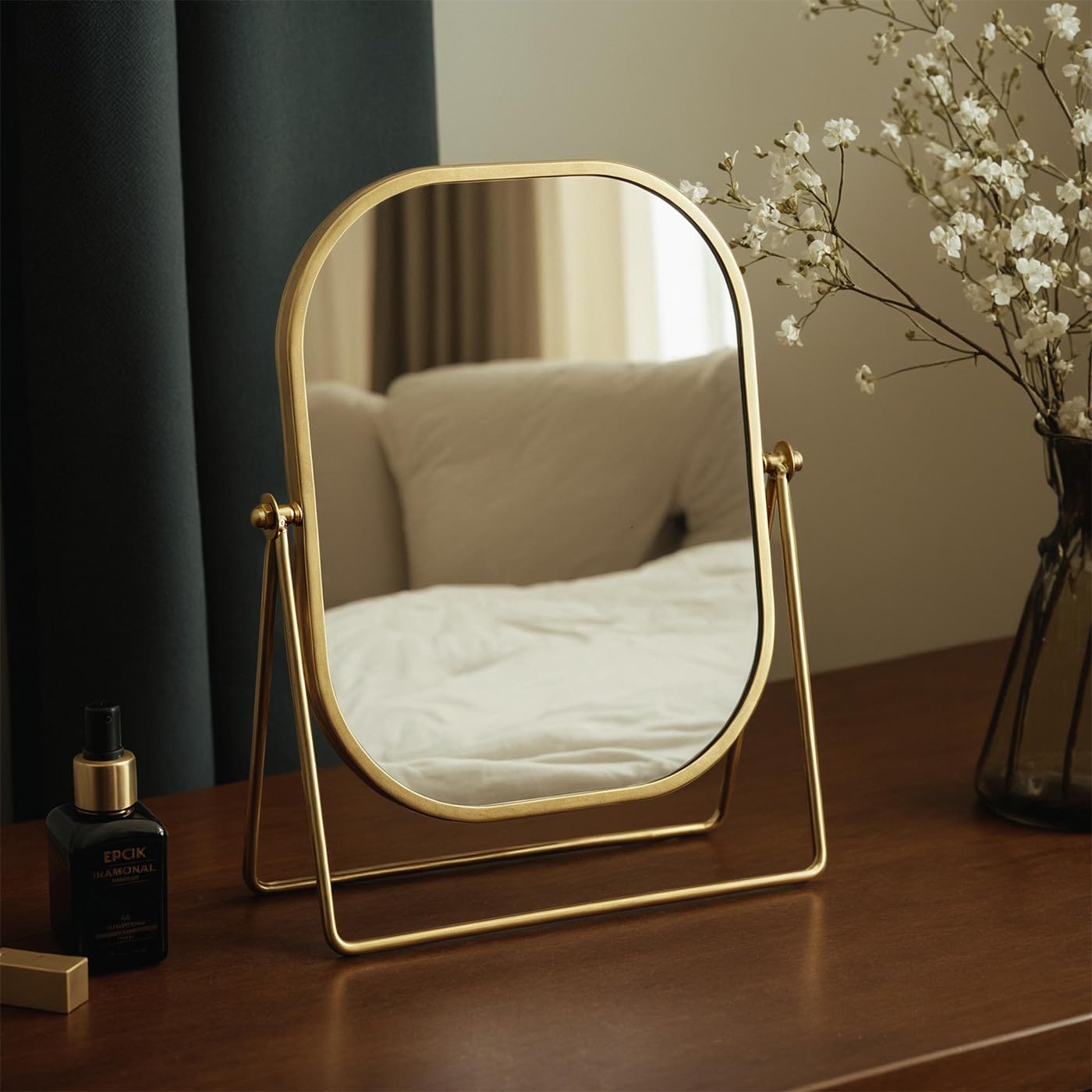 Hosoncovy Rotatable Desktop Mirror with Stand Metal Frame Free Standing Vanity Makeup Tabletop Mirror for Bathroom Bedroom (Gold)