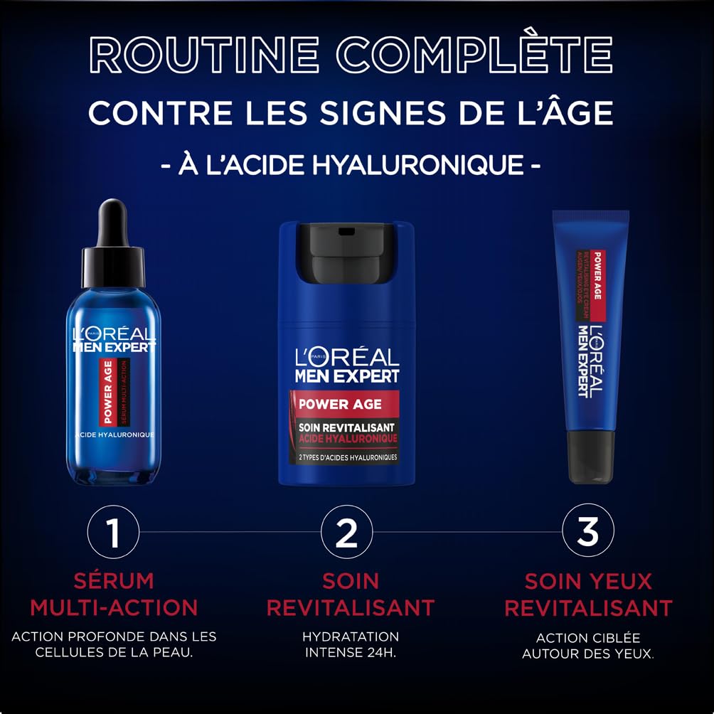 L'Oréal Men Expert Trousse Routine Experte Homme Soins Visage Revitalisant Anti-Âge Acide Hyaluronique Power Age 3 Produits