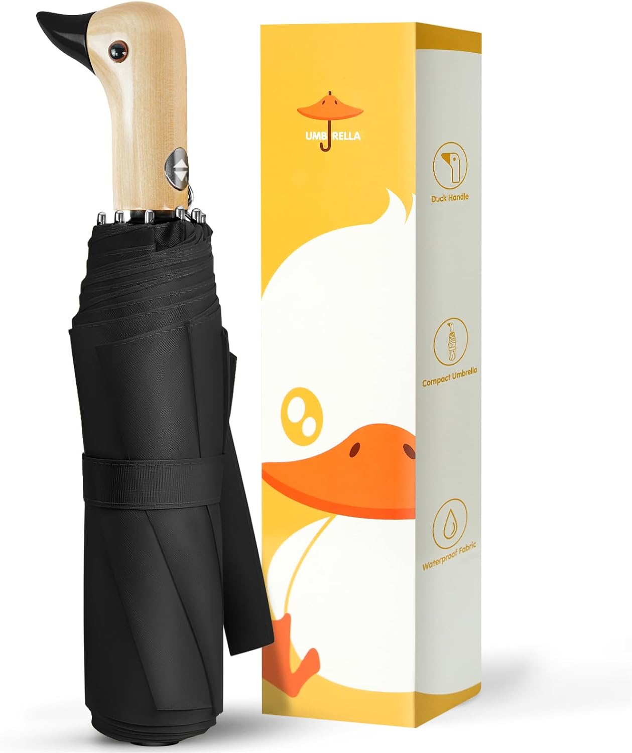 LEAGERA Duck Handle Umbrella Automatic - Collapsible Portable Compact Umbrella Travel Size Wooden Cute Duckhead Umbrellas Duck Gifts for Girls Women