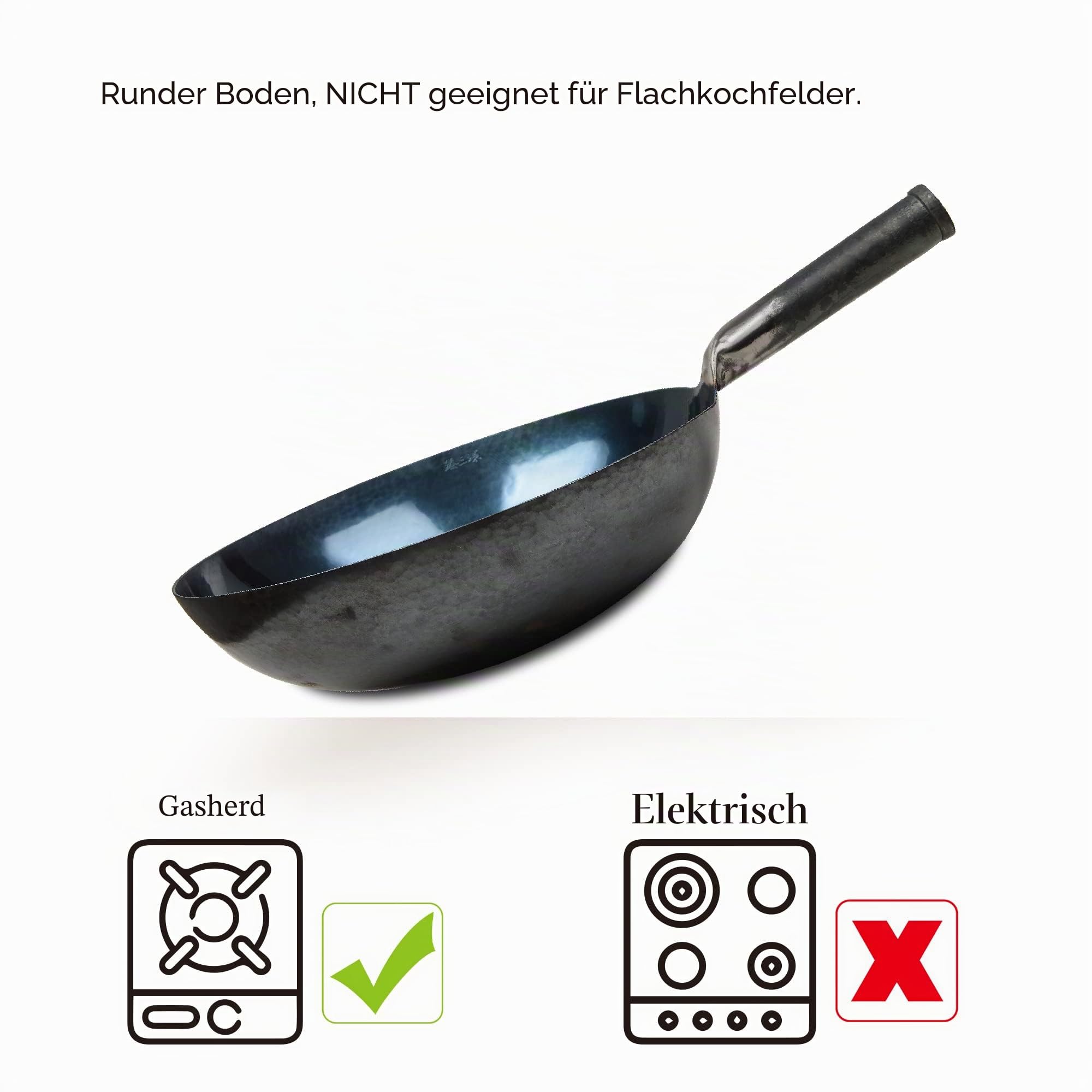 ZhenSanHuan Handgehämmerte Eisen-Wok-Pfanne mit rundem Boden, 36 cm im Durchmesser, Eisengriffstange inklusive Silikonschutz-Überzug sowie einem Haltegriff