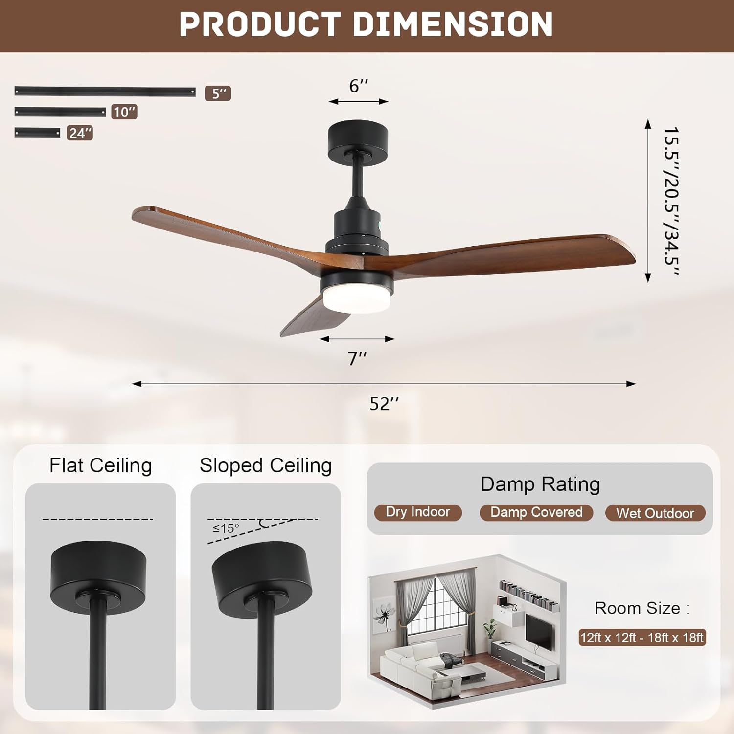 Sofucor Smart Ceiling Fan with Light, 52 Inch Solid Wood Ceiling Fans with Lights and Remote,Work with Alexa/Google, Low Profile Indoor/Outdoor Ceiling Fan, Quiet DC Motor, for Bedroom Patio Farmhouse