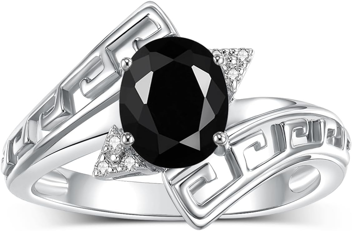 Rylos Greek Key Designer Ring with 9X7MM Gemstone & Diamond Accent – Chic Jewelry for Women and in Sterling Silver – Available in Sizes 5-10