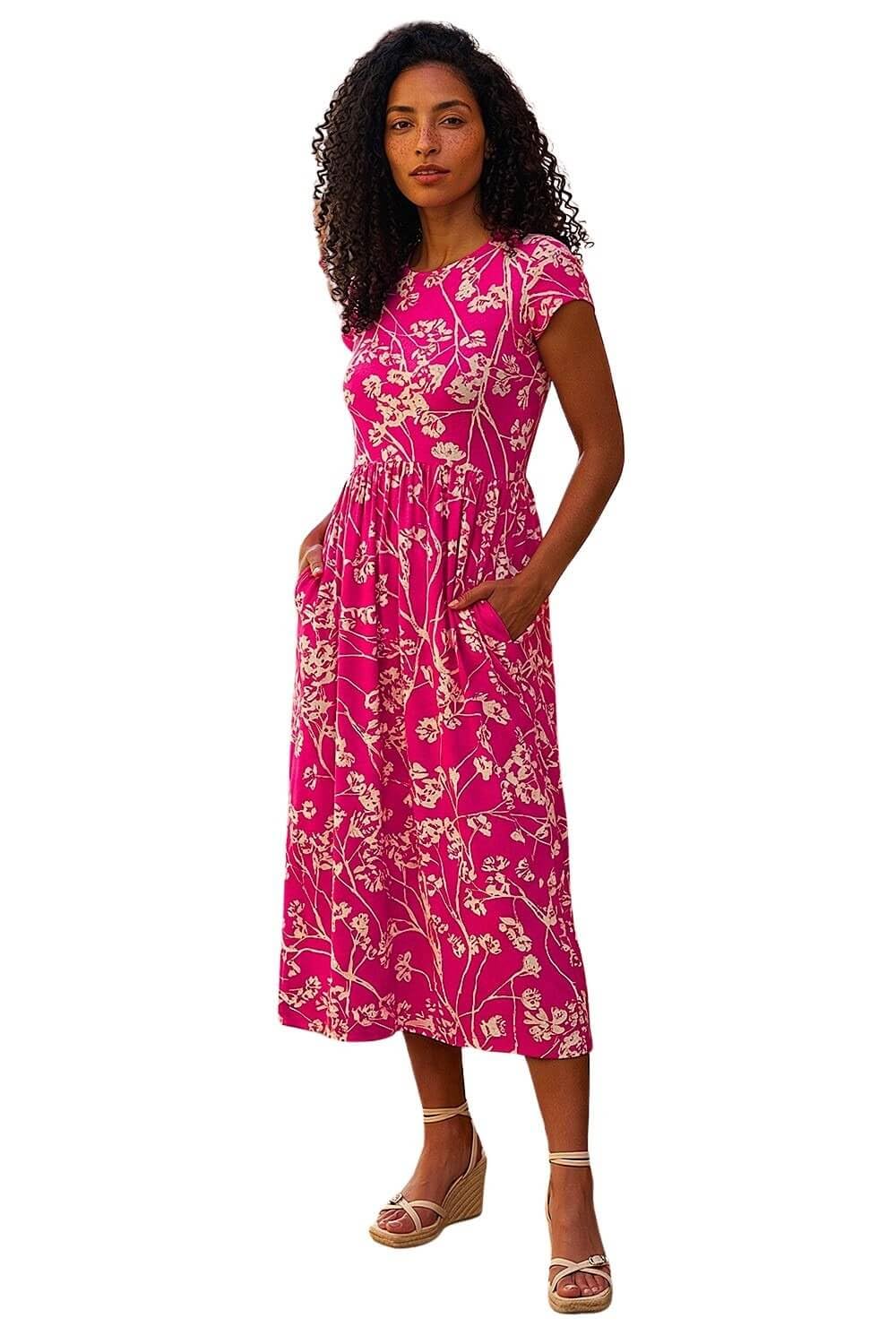 Roman Women's Pink Floral Print Midi Stretch Dress In | : Size 18