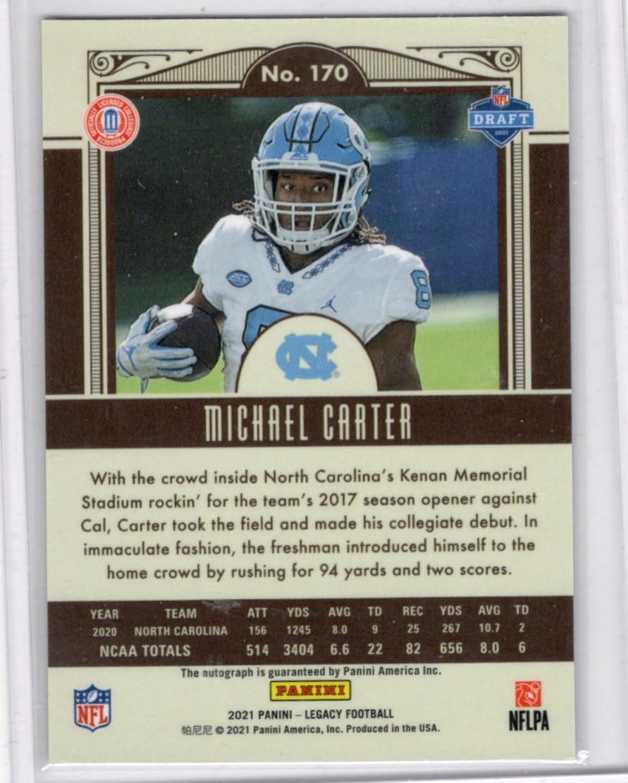 Michael Carter Autographed Rookie Card Collectible Football Card - 2021 Legacy Football Card #170 (Jets)