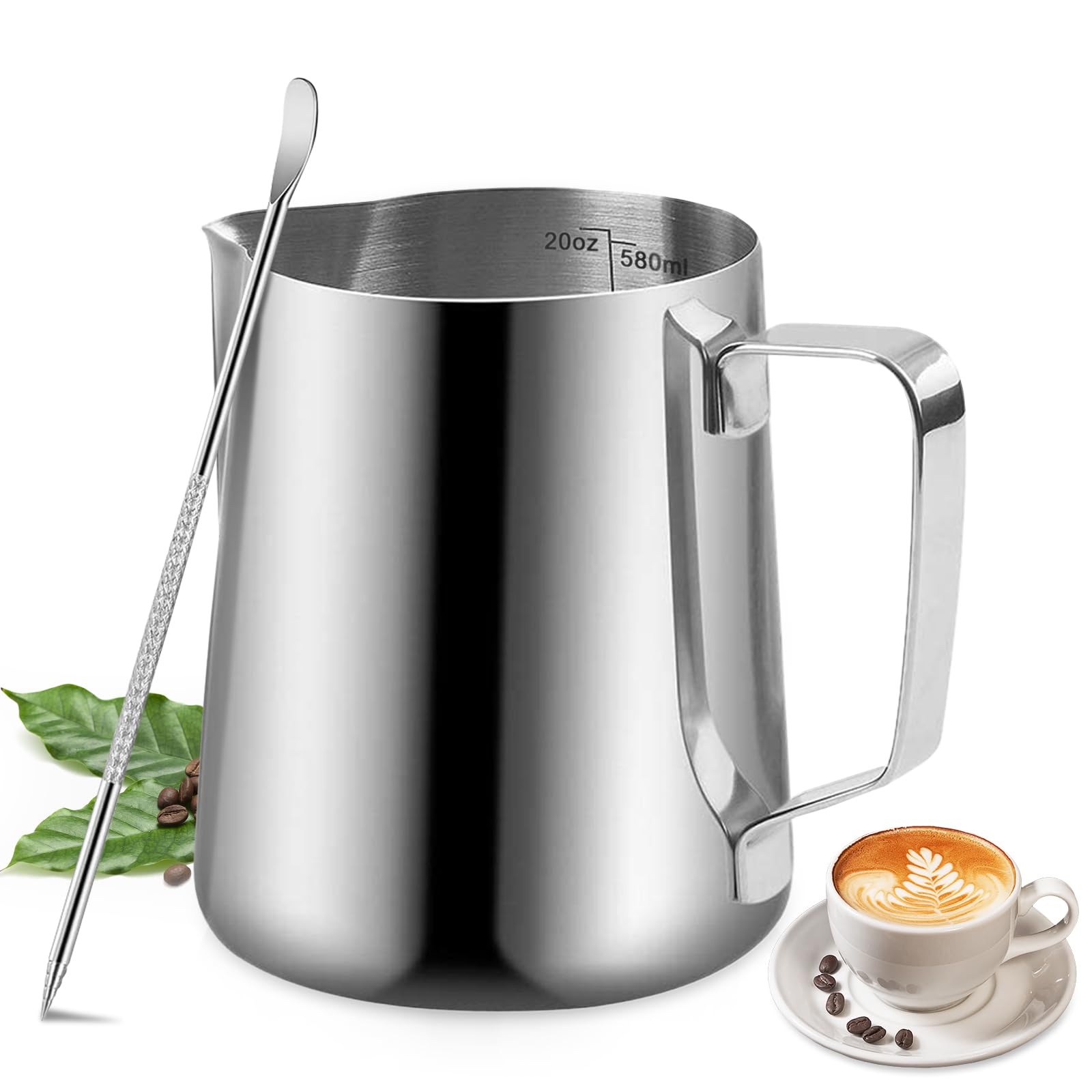 Pichet à Café Et à Lait En Acier Inoxydable 201 - 600ml Avec Longue Poignée - Idéal Mousse Et Service