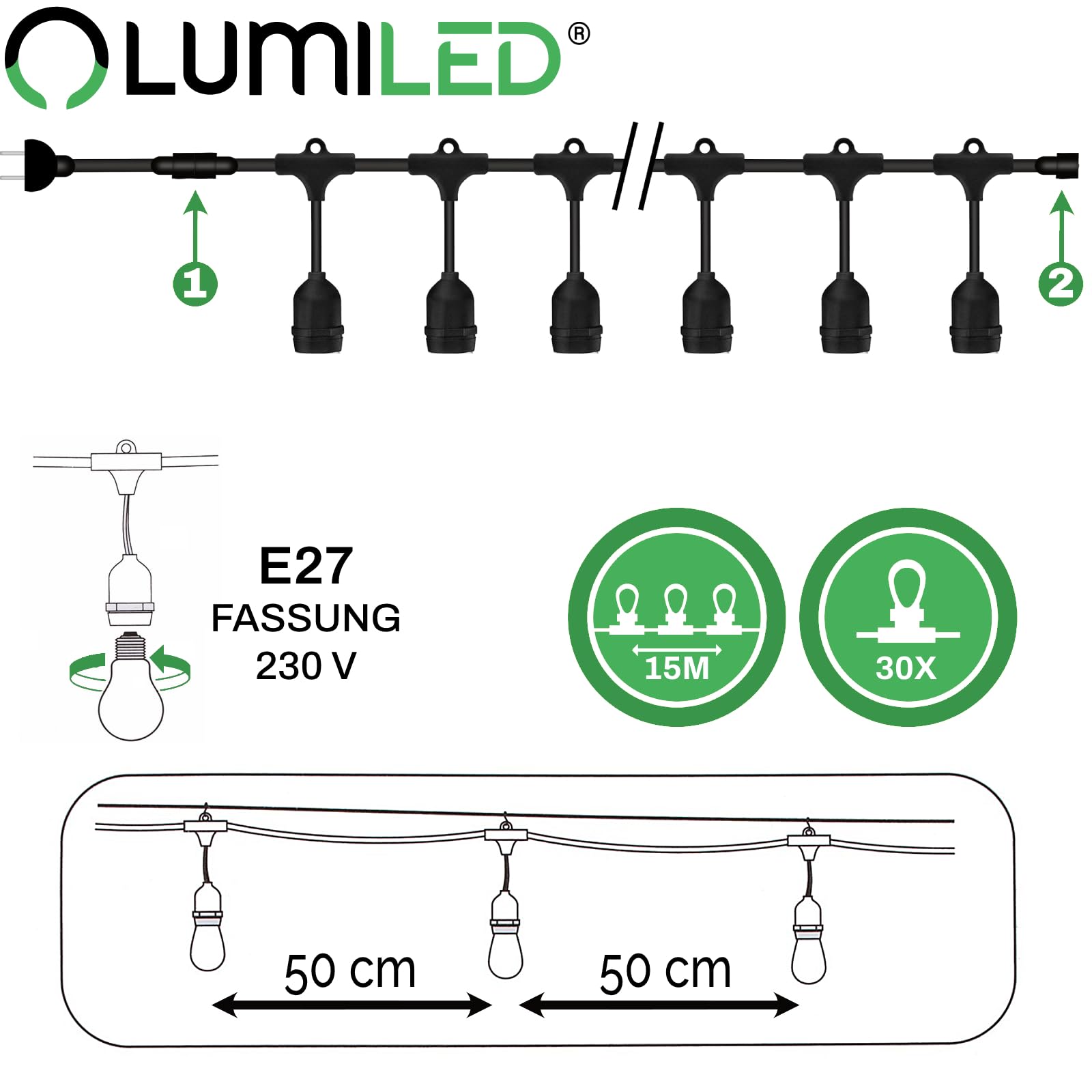 Lumiled Lichterkette Außen 15 Meter mit 30 E27 LED 1W Glühbirne ST45 Warmweiß 2700K 230V Birnen für Garten Biergarten Party Hochzeit Dekoration Terrasse Weihnachten verlängerbar mit Strom