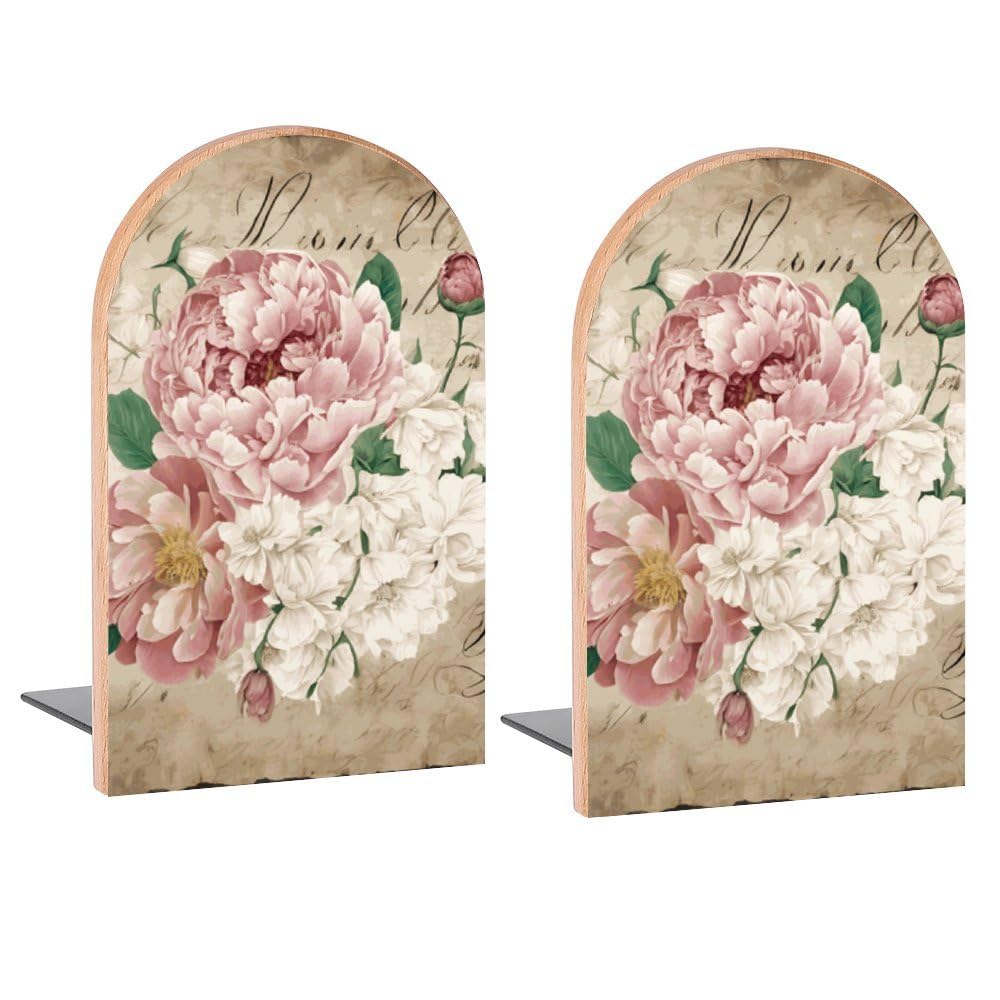 KiuLoam Vintage Shabby Chic Pink Rose Floral Wood Bookends Decorative for Shelves, 1 Pair/2 Pieces Non-Skid Book Ends Supports for Home Books, DVDs,